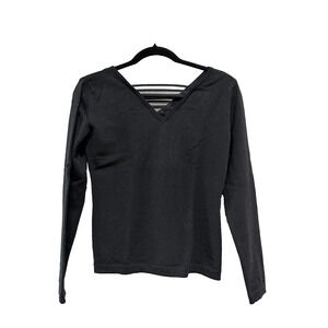 100% fine Merino Wool Black V Neck Knit Sweater top Italy ,capsule preppy ,Sz M